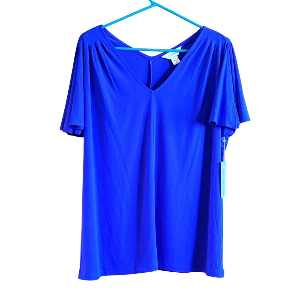 NEW Liz Claiborne XXL‎ Bold Blue V-Neck Flutter Short Sleeve Cobalt Office Party